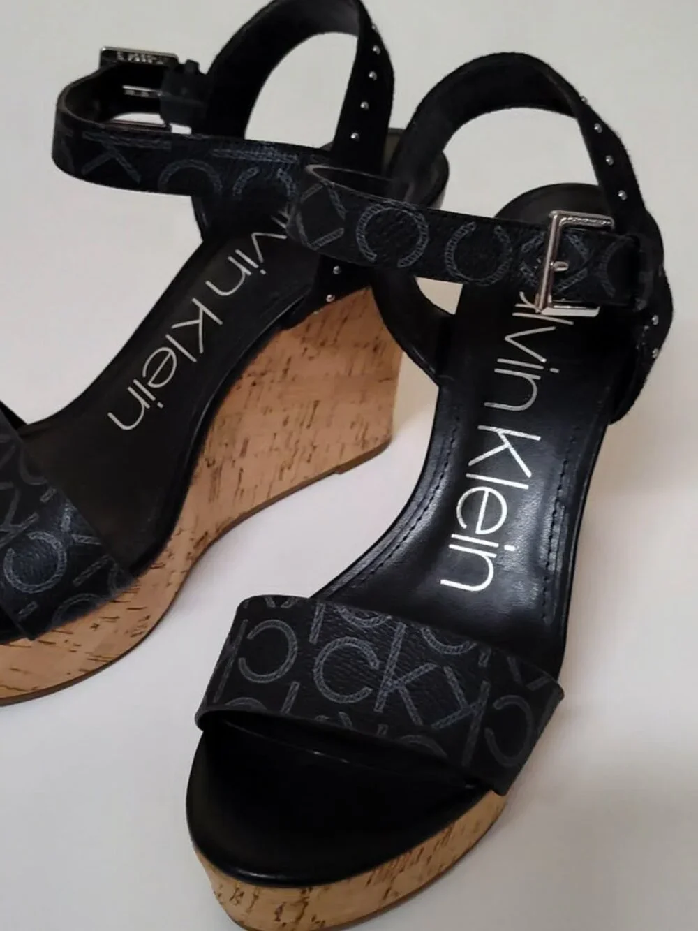 Calvin Klein Black logo Cork Wedge Platform sandal size 8